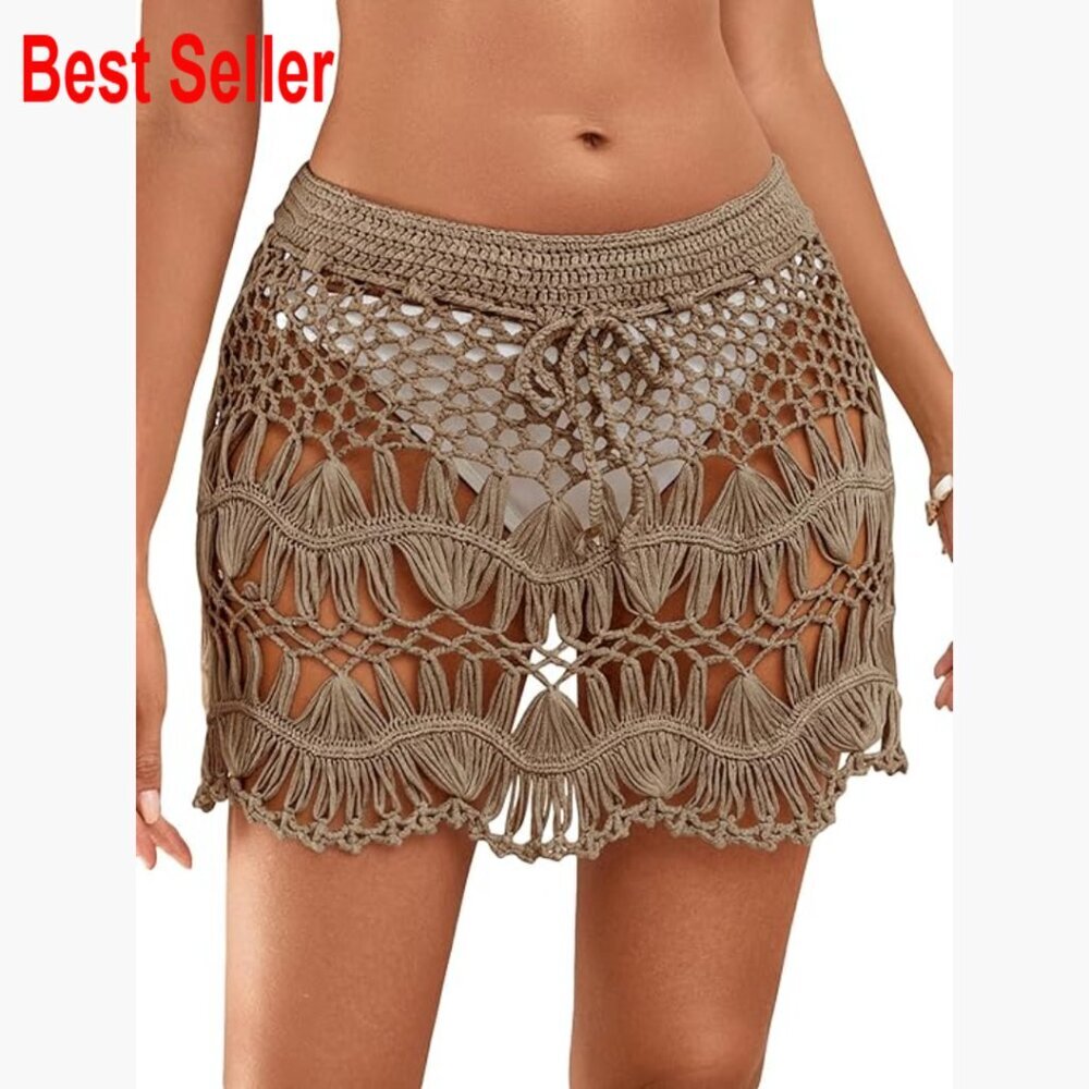 Crochet Knit Swimsuit Coverup Skirt with Seashell Decor